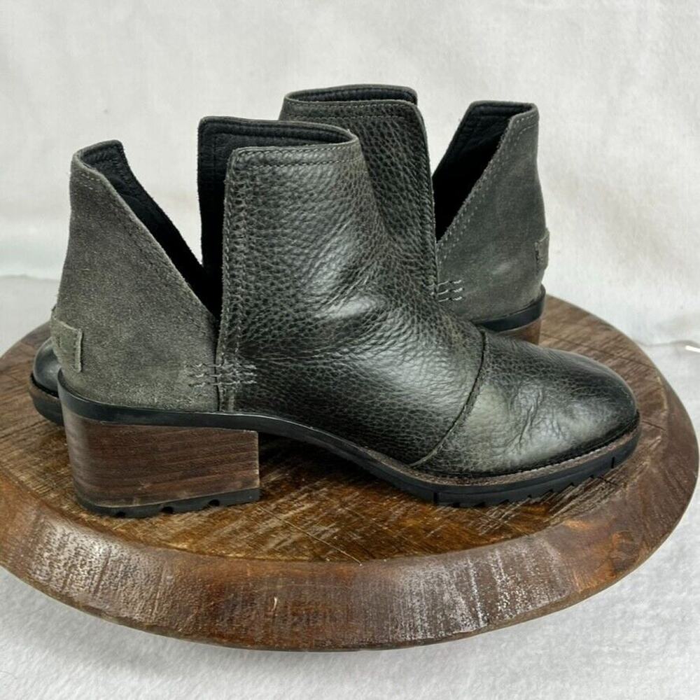 Sorel Ankle Boots Shoes Womens 6 Cate Cut Out Black Gray Leather Slip On Cap Toe - Picture 6 of 9